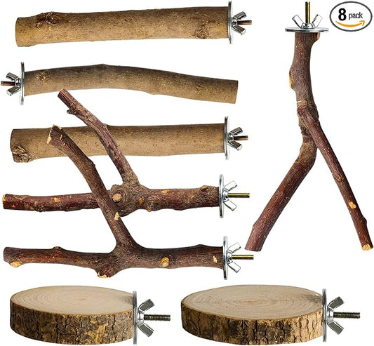 8 Pack Natural Wood Bird Perches, Parrot Perch Stand Bird Cage Accessories for Budgerigar Cockatiels, Conures, Lovebirds (M)