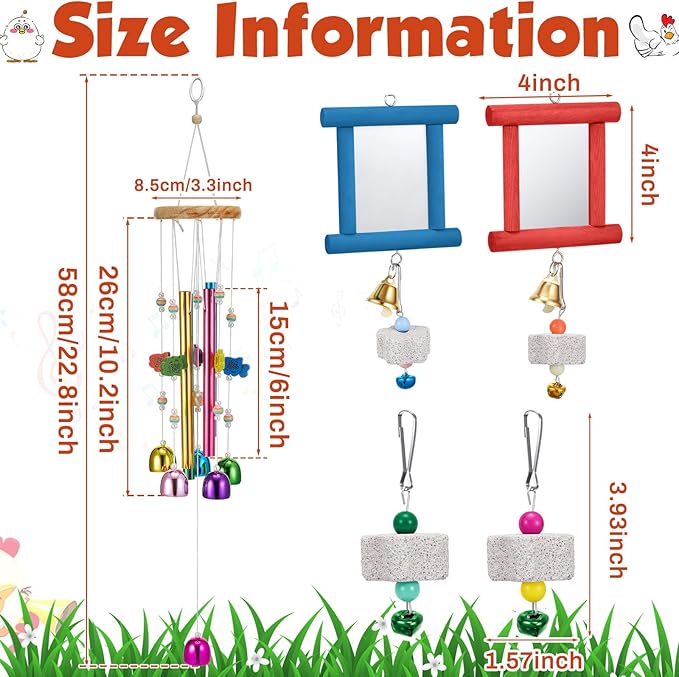 VioraWhite 7 Pcs Chicken Toys, Hanging Chicken Wind Chime, 2 Pcs Coop Mirror Toys with Bells 4 Pack Beak Grinding Stones, Musical Coop Accessories for Hen Rooster Chick Poultry Bird(Rose Red, Blue)