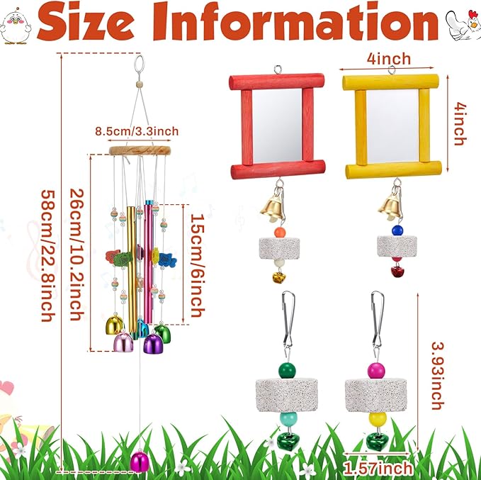 VioraWhite 7 Pcs Chicken Toys, Hanging Chicken Wind Chime, 2 Pcs Coop Mirror Toys with Bells 4 Pack Beak Grinding Stones, Musical Coop Accessories for Hen Rooster Chick Poultry Bird (Rose Red, Yellow)