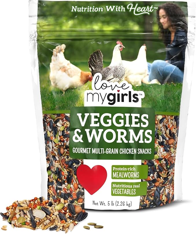 Love My Girls: Chicken Snacks - Veggies & Worms - 5lb Bag - Global Harvest, Gourmet Multi-Grain Treats, Corn-Free, Nutritious & Protein Rich Mealworms
