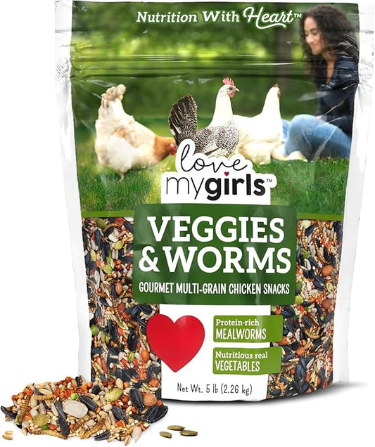 Love My Girls: Chicken Snacks - Veggies & Worms - 5lb Bag - Global Harvest, Gourmet Multi-Grain Treats, Corn-Free, Nutritious & Protein Rich Mealworms