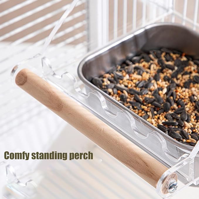 No Mess Bird Cage Feeder with Perch, No Spill Design Hanging Bird Feeders for Small Medium Birds, Easy to Clean Metal Seed Container with Secure Hooks for Indoor Cages Feeding
