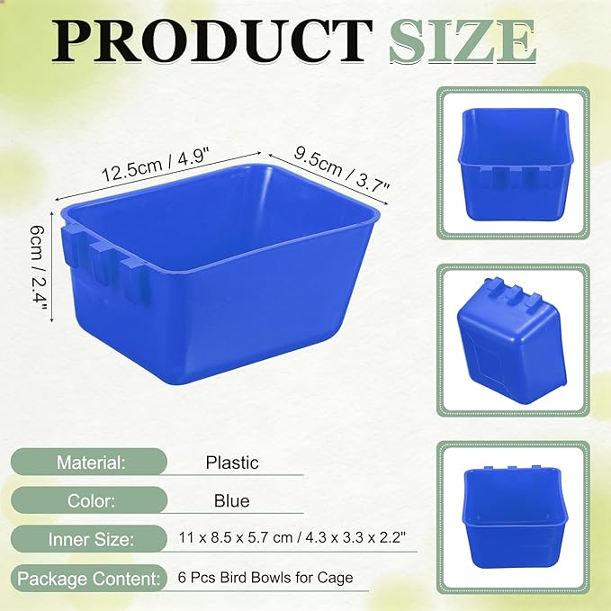 Cage Cups, 4.9x3.7x2.4 Inch Parakeet Feeder Bird Cage Accessories Hanging Food Water Dispenser, (Blue, 6 Pcs), Intended for Pet/Pigeon/Parrot/Chicken