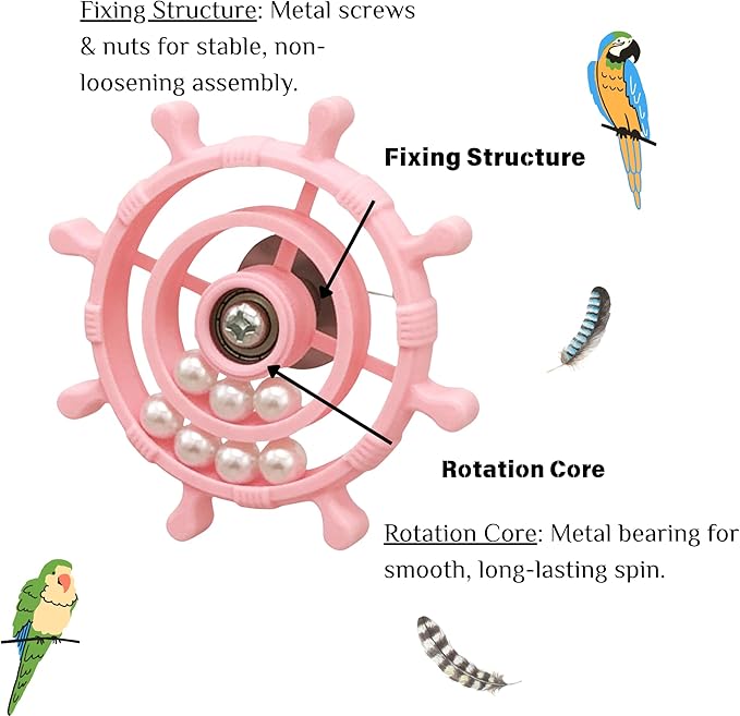 Spinning Bird-Toys Bird Cage Toys & Bird Perch Parrot-Parakeet Budgie Cockatiel Conure Macaw Chicken Parrot Enrichment Cage Accessories Small Animal Chewing Toy (Light Pink Spinner)