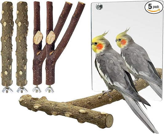 BNOSDM 5PCS Bird Perches Stand with Mirror Parrot Natural Wood Stick Perches Forked Perch Branch Parakeet Toy Set Bird Cage Accessories for Budgie Cockatiel Conure Finch Lovebird
