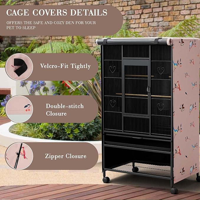 Tchvt Nighttime Bird Cage Covers with Zipper Panel Blackout Birdcage for Winter Universal Breathable Large Good Night Enclosure for Bird (Bird Designs, 38x24x48 inch)