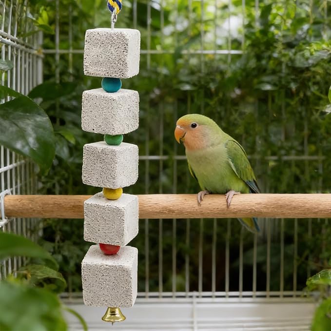 2 Pack Mineral Block Chew Toys with Colorful Beads and a Bell, Bird Beak Grinding Stone, Cage Accessories for African Grey, Budgies, Cockatiels, Small to Medium Birds