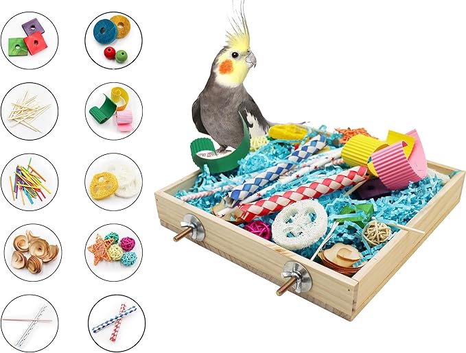 Jinkoozz Bird Foraging Toys Box, Wooden Parrot Shredding Toys Box, Bird Chewing Toys, Birdcage Accessories, Suitable for Small Birds Parakeets Cockatiels Love Birds Conures