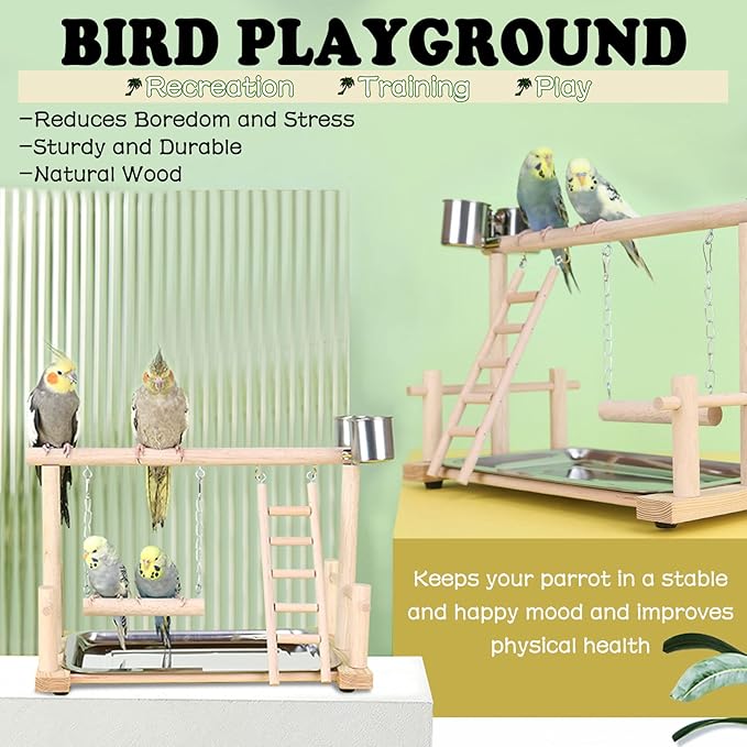 kathson Bird Playground,Parrot Play Stand,Parakeet Play Gym with Feeding Cups,Cockatiel Perchs Playstand with Exercise Toys for Budgie Conures Cockatoos Lovebirds