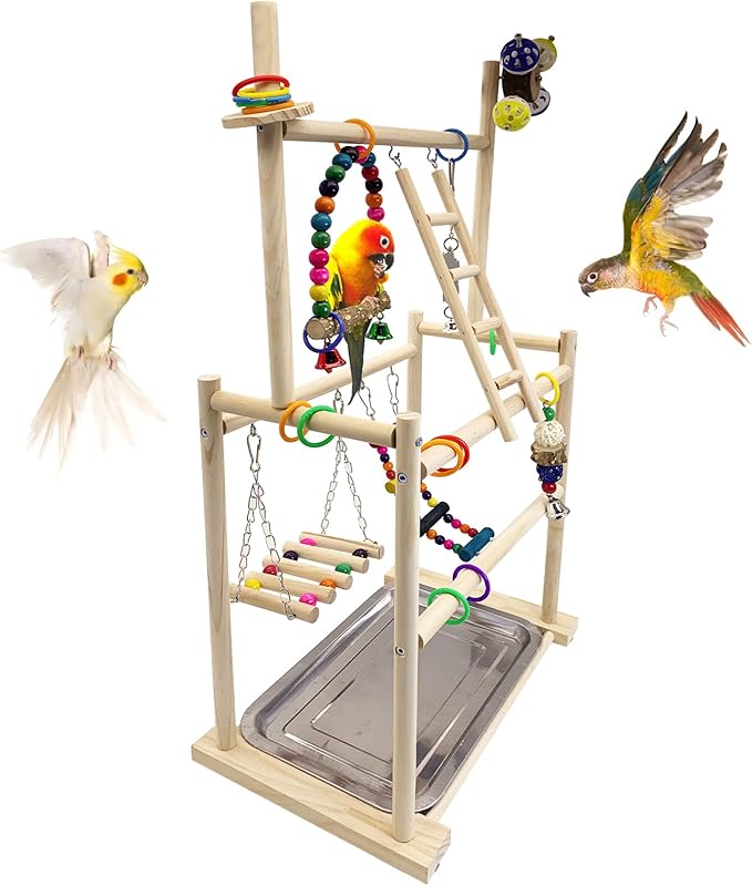 Hamiledyi Natural Wood Bird Playground - Large 3-Tier Perch Stand with Exercise Platforms Durable Activity Gym for Parrots, Cockatiels and Small Birds Bird Stand with Ladders and Swings