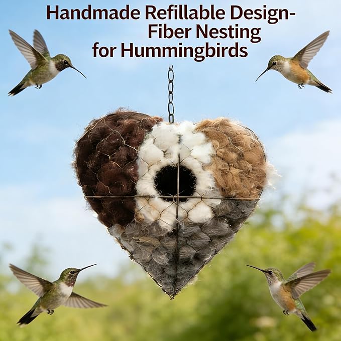 Handmade Alpaca Fiber Bird Nesting Heart, Refillable Birds Nests Material Holders for Outside,Heart Shape Design, Winter Fowl Gifts Animal Hummingbirds Lovers Home Garden Yard(2 Set)