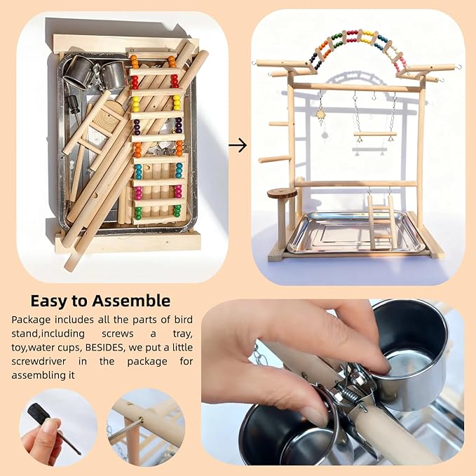 Bird Play Stand with Beads & Swing for Parrots | Multi-Level Natural Wood Stand | Perfect for Parakeets, Cockatiels & Small Parrots | Engaging Bird Perch & Toys