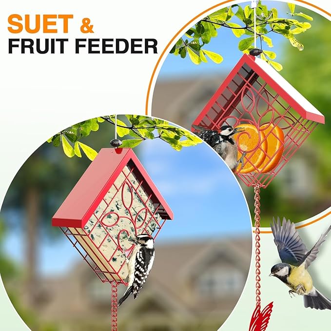 FlowaFoli Suet Bird Feeder, Metal Suet Feeder for Outside Hanging, Single Suet Cake Capacity, Fruit and Suet Feeder Style for Outside Hanging(Red)