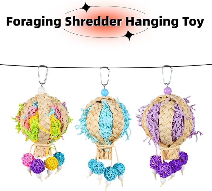 2 Pack Natural Hot Air Balloon Bird Toy, Hand-Woven Parrot Foraging & Chew Toy with Colorful Rattan Balls, Boredom Relief for Small to Medium Parakeets, Cockatiels, Conures