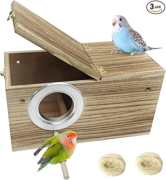 PINVNBY Parakeet Nesting Box, Carbonized Wood Bird Box, Wood Breeding Box for Birds, Budgie Lovebirds Conure Finch Parrot Canary (L: 11.8 x 5.9 x 5.9 inch)