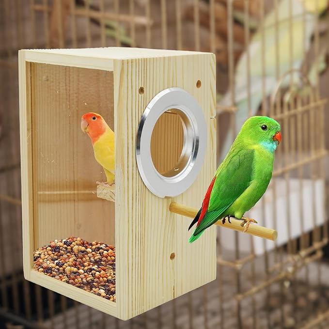 Parakeet Nesting Box,Transparent Bird Nest Boxs Natural Wooden Breeding Box with Coconut Fiber,Birds Cage House with Perch for Canary Budgies Gouldian Finch Cockatiel Conure and Other Small Birds