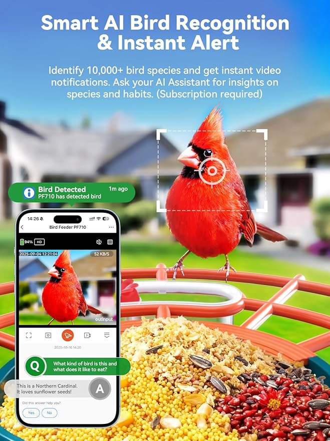 Smart Bird Feeder with Camera Solar Powered - 2.5K 4MP Birds Feeder Camera for Outdoors Garden with AI Identify, Squirrel Proof, Rechargeable Battery WiFi Video Bird Feeder Cam, Gift for Birds Lover