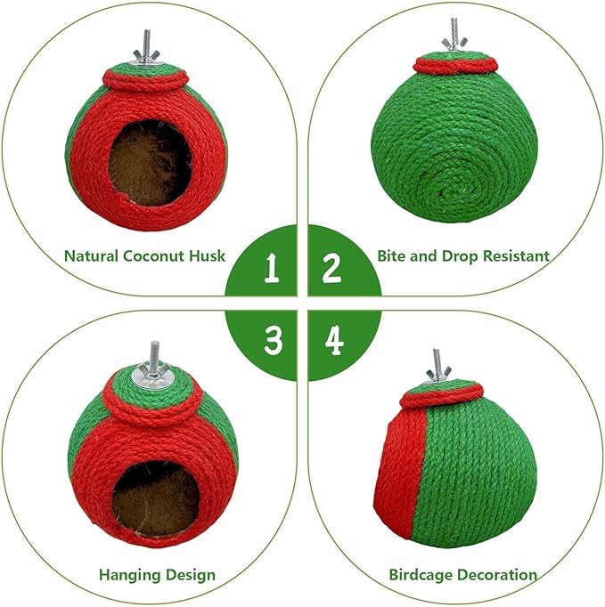 Bird Nest,Parrot Breeding House,Parakeet Natural Coconut Shell Hut,Hanging Budgie Nesting House with Coconut Fiber,Cockatiel Bed for Conure Lovebird Finch Birds