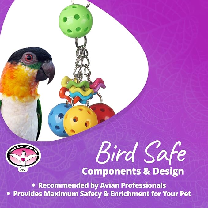 Super Bird Creations SB1093 Jingleberries Bird Toy - Colorful Plastic Toy Balls with Bells for Small/Medium Birds - Parrotlets Parakeets Cockatiels - Encourage Beak Health & Dexterity - 6"x 2.5"x 2.5"