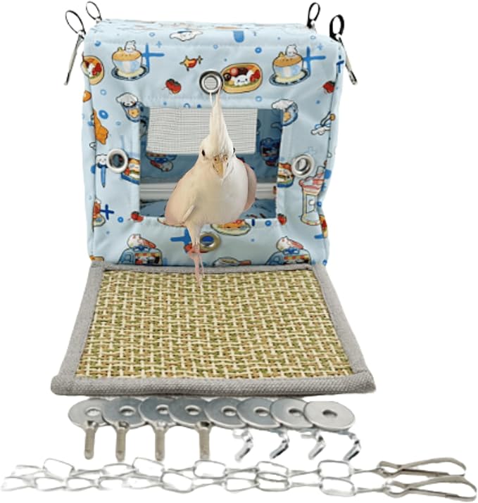 Large Spring Summer Breathable Bird Nest House, Zipper Design On The Back for Easy Cleaning, Conure Bed for Inside or Outside The Birdcage (Square-Blue,S)