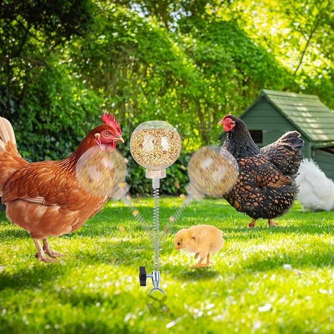 Kalekey 4 Pack Chicken Feeding Toy, Chicken Enrichment Toys with Spring and 11" Metal Ground Stake, Chicken Treat Dispenser Peck Toy Boredom Busters for Hens, Ducks, and Parrots