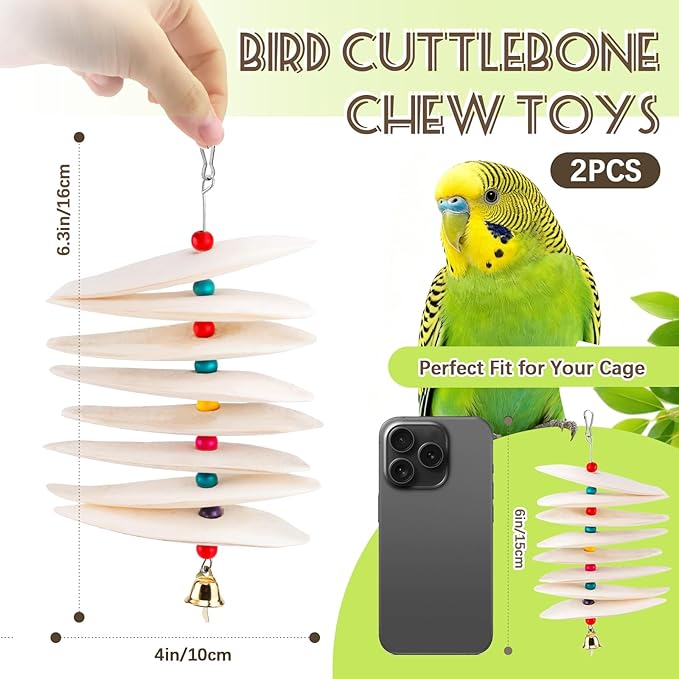 2 Pack Bird Cuttlebone Chew Toys, Natural Cuttlefish Bone for Birds Beak Grinding & Calcium Supplement, Hanging Cage Accessories for Small Medium Birds (2, Thin Slices)