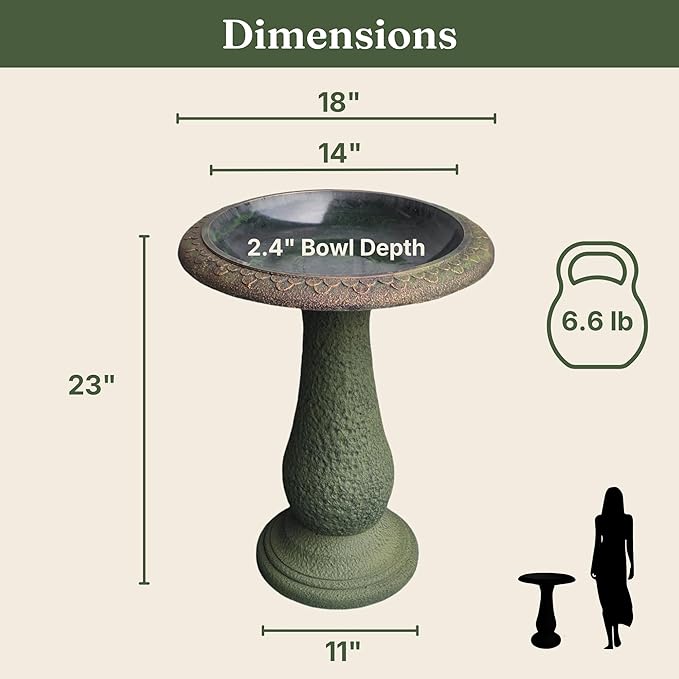 Tall Bird Bath for Outside 23 Inch Roman Green - Stone-Resin Composite Pedestal Birdbath Bowl - Decorative Standing Outdoor Garden Decor for Front Porch Patio Yard Backyard Lawn Ornament