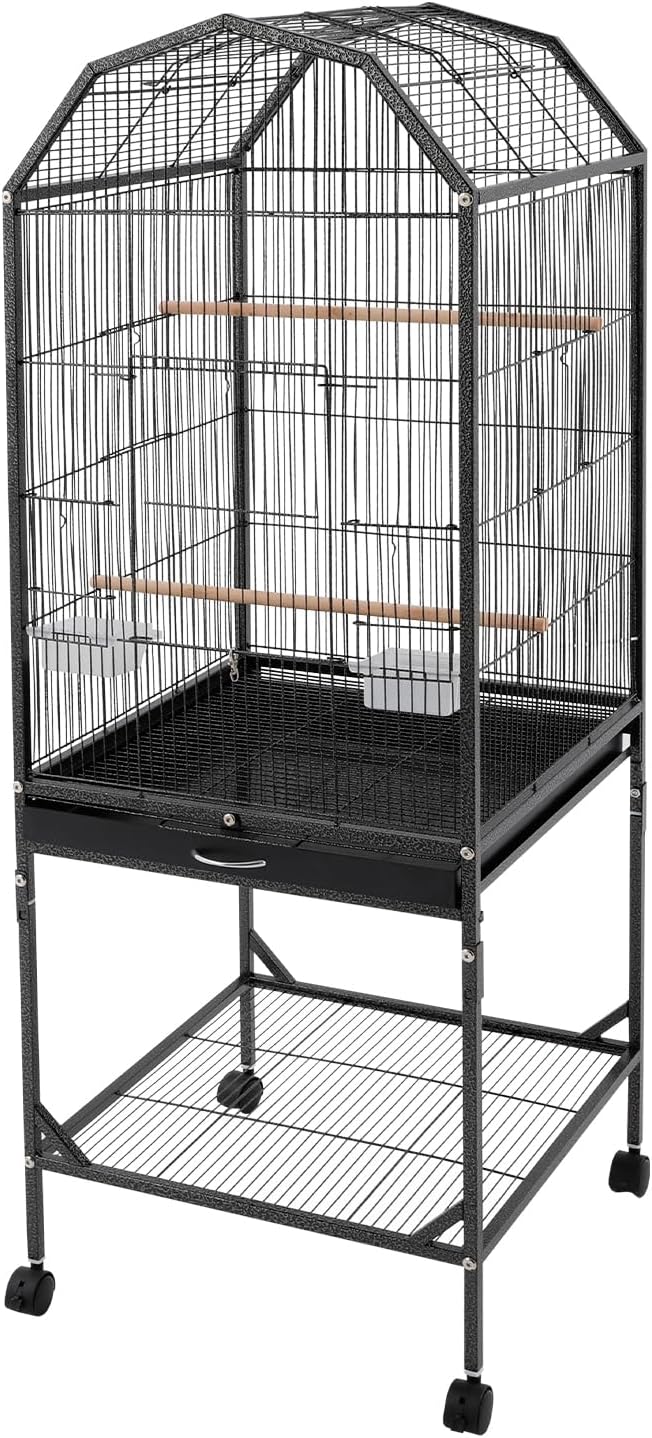 Large Bird Cage with Stand & Wheels, Freestanding Parakeet Birdcage, 53.5 Inch Bird Flight Cages for Parrot Canaries Cockatiels Budgie Parrotlet (Black-B)