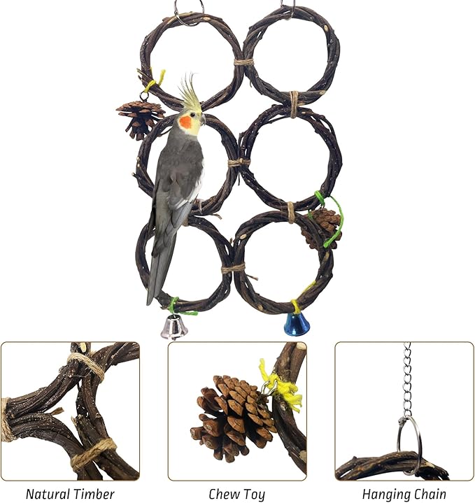 BNOSDM Bird Swing Rings Toy Natural Wood Parrot Climbing Ladder Parakeet Chewing Toys Hanging Budgie Cage Accessories for Green Cheek Conure Cockatiel Lovebird (6 Rings)