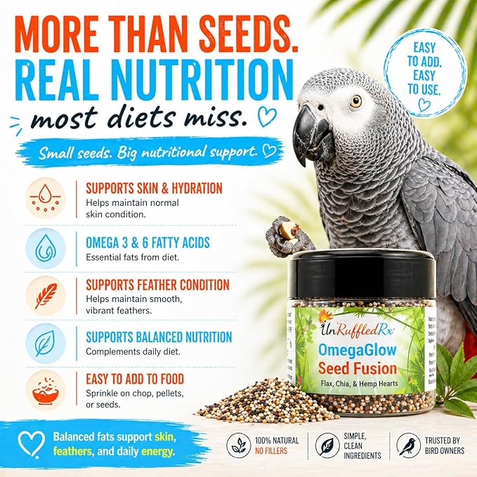UnRuffledRx™ OmegaGlow for Birds – Raw, Natural Seed Blend for Feather Growth & Molting Support – Skin & Immune Health with Chia, Flax & Hemp Seeds – Helps Reduce Plucking – 2 oz Shaker Jar