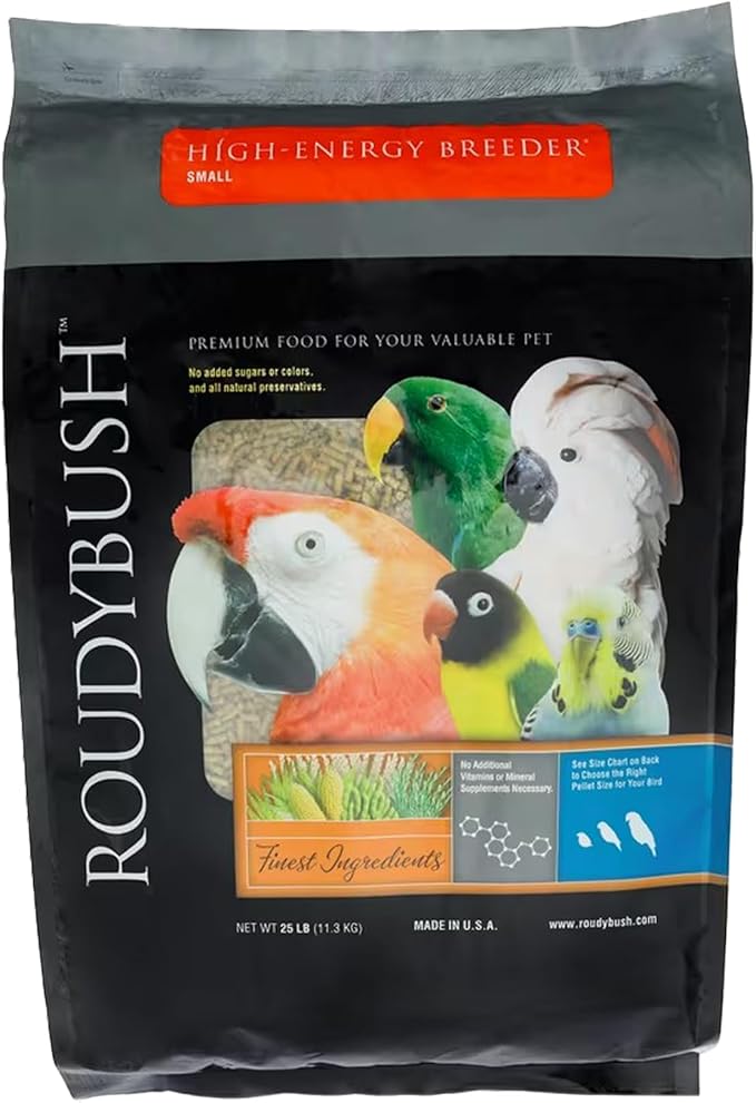 RoudyBush High Energy Breeder Food for Breeding & Weaning Birds, Daily Food for Birds, Formulated Pellets with Corn, Wheat & Soy, Higher-Energy Option for Breeding Homes, Small Pellet, 25 LB