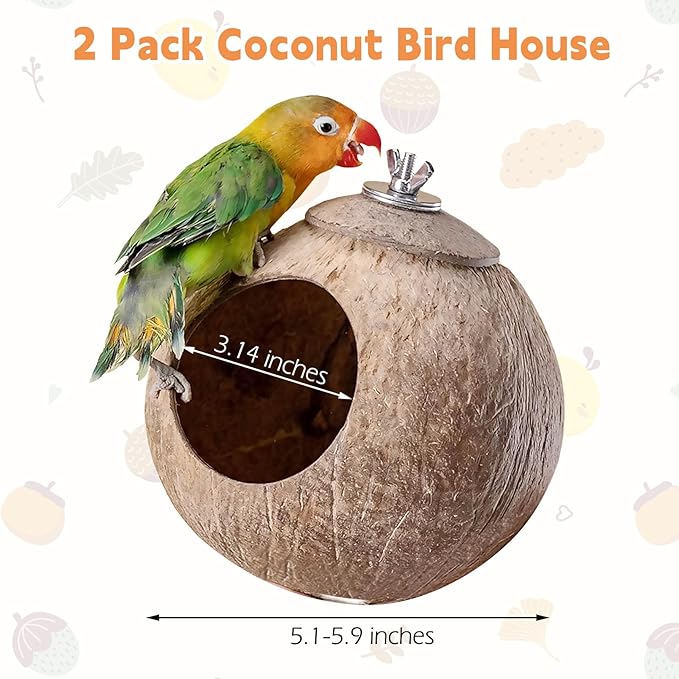 Coconut Bird Nest for Cage Natural Coconut Shell Birds House 2 Pack Parakeet Small Coconut Hide Breeding Hut Bird Cage Accessories for Parrot Lovebirds Budgies Cockatiel Conure Finch Canary