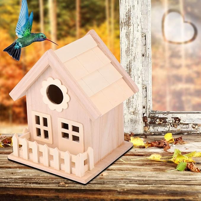 Milisten Wooden Bird Nest Ornament with Double Window Wide Entrance Unfinished DIY Painting Craft Bird House for Outdoor Garden Small Birds Bed Hut 6.88X5.51X5.11In