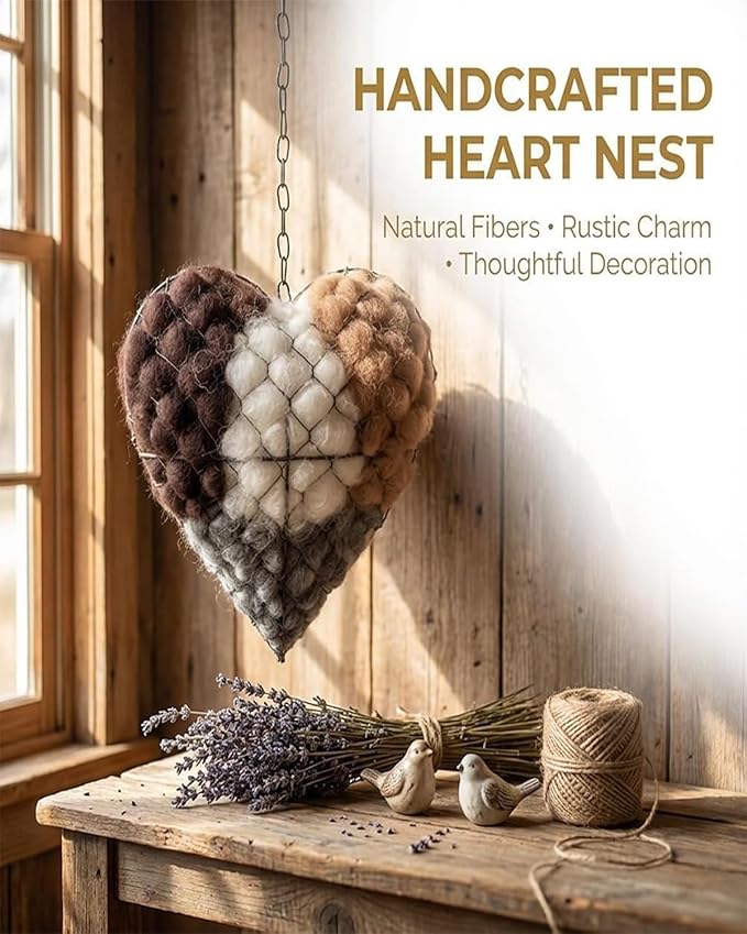 Handmade Natural Fiber Bird Nesting Heart, Eco-Friendly Soft Nesting Material, Refillable Birds Nests Material Holder, Hummingbird Nest Boxes for Outside, Nester Houses Design for Wild Birds (1)