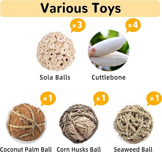 10PCS Bird Toys Sola Balls 2.36IN Parakeet Toys 2.76IN Natural Chew Grass Balls with Cuttlebone for Parrots Conures Rabbits Hamster Guinea Pig Chinchilla (Style 1)