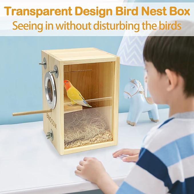 BNOSDM Parakeet Nesting Box Transparent Bird Breeding Nest Boxes Natural Wood Bird Cage House with Coconut Fiber for Small Conure Lovebirds Finch Parrot Canary