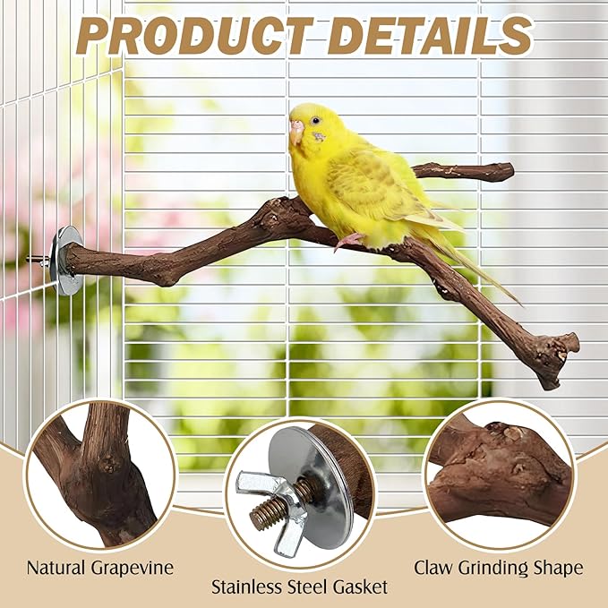 PINVNBY Natural Parrot Perch Grape Wood Bird Stand Pole Parakeet Paw Grinding Fork Chewable Climbing Branches Toy Bird Cage Accessories for Budgies Conures Cockatiels Lovebirds (2 PCS, 11.8IN)