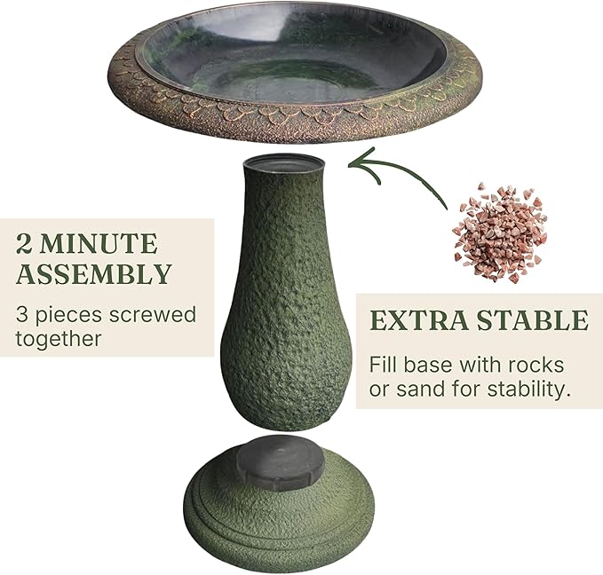 Tall Bird Bath for Outside 23 Inch Roman Green - Stone-Resin Composite Pedestal Birdbath Bowl - Decorative Standing Outdoor Garden Decor for Front Porch Patio Yard Backyard Lawn Ornament