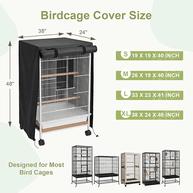 Black Bird Cage Cover, Adjustable with Zipper Panel and Velcro, Block Light and Waterproof, Good Night for Parrot and Small Animals, Size XL