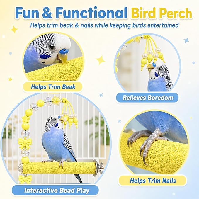 Bird Parrot Perch with Beads and Bow Chew Toy,Cage Platform Toy and Exercise Accessories for Budgies Parakeets Cockatiels Conures and Lovebirds (Yellow)