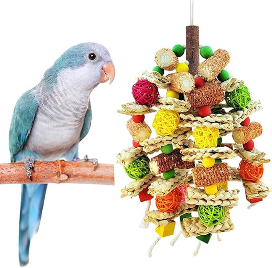 Parrot Chew Toy, Natural Material Bird Foraging Toy for Conures, Quaker Parrots, Medium-Sized Birds - Colorful Hanging Shredding Toy with Woven Ball, Corn Cob and Wooden Beads