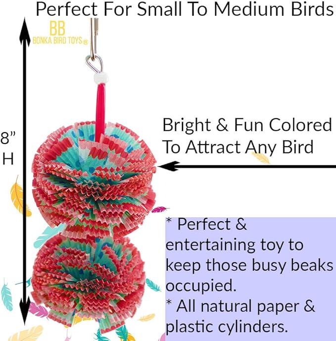 Bonka Bird Toys 1065 Duo Paper Puff 8" High by 3" Wide Small Parrot Chew Cage Toy, Cockatiel, Parakeet, Lories, and Similar Sized Birds