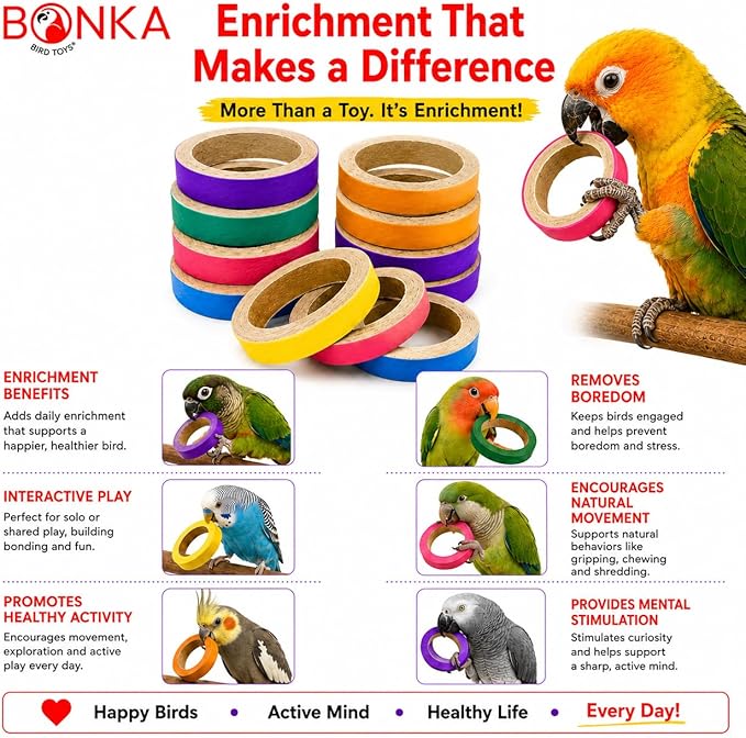 Bonka Bird Toys 2113 Pk24 Chew Bagels, 24-Pack, 2.75" Diameter, Colorful Compressed Cardboard Rings for Chewing, Foraging, and Cage Enrichment, Safe for Parrots, Parakeets, Cockatiels, and Conures