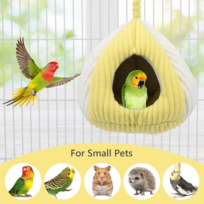 Hypeety Bird Nest Winter Warm Hammock Bed for Cage Bird Shed Hut Tent Cozy Hanging Nest House for Small Pet Parakeet Conure Cockatiel Budgies Lovebird Bird Cage Accessories (Yellow, L)