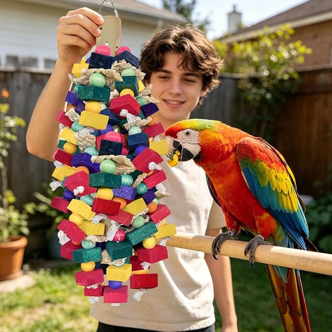 Bird Toys for Large Parrots Colorful Natural Wood Block Parrots Chew Foraging Toys for Bird Cages Cockatoos, Macaws, African Greys, and Amazons