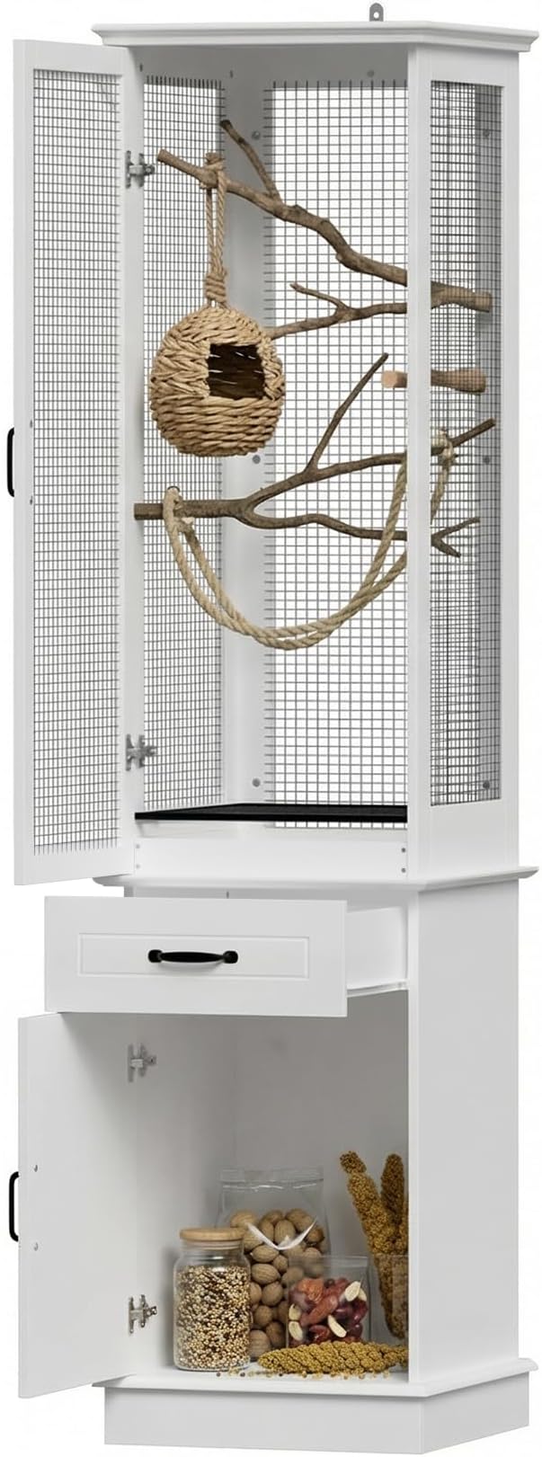 Modern White Tall Bird Cage with Storage Cabinet & Drawer, Elegant Flight Parrot Cage with Slide-Out Tray, Stylish Safe Bird Cages House for Parakeets, Cockatiels, Finches