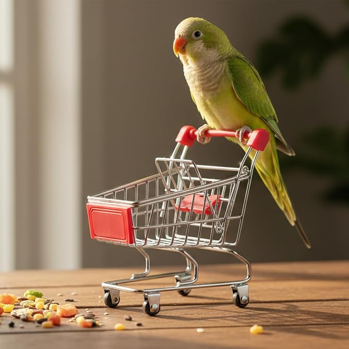 Hypeety Bird Toys Mini Shopping Handcart Trolley Parrot Intelligence Training and Playing Toy for Parakeets Budgies Cockatiel Conures Caique Quaker Lovebirds (Red)