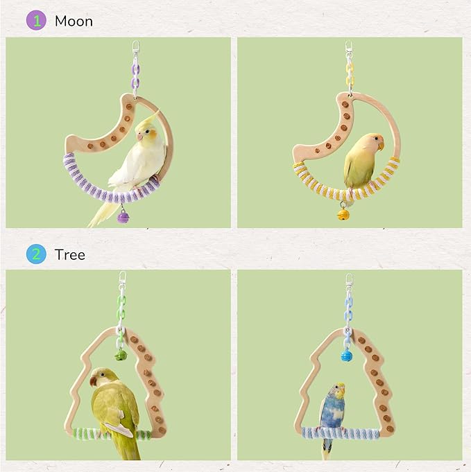Natural Bird Swing - Tree-Shaped Parrot Perch with Bell and Cork Toys, Spinning Wooden Stand for Parakeets, Budgies, Lovebirds and Small/Medium Birds (White + Blue)