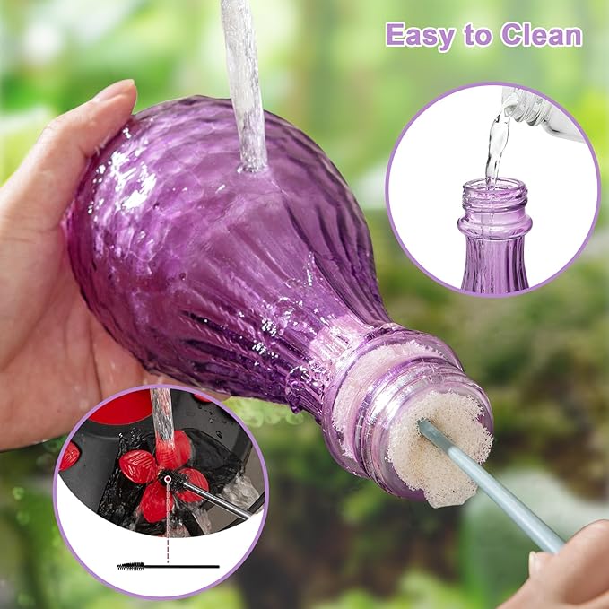 20 oz Hand-Blown Glass Hummingbird Feeder, Hanging Hot Air Balloon Design, Leak-Proof Silicone Seal, Ant-Proof, Outdoor Garden Decor Gift for Mom, Purple