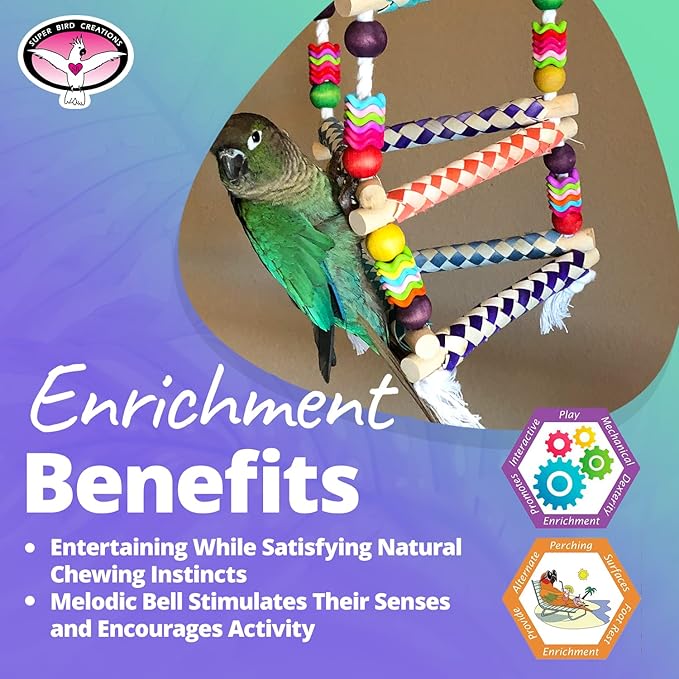 Super Bird Creations SB51113 Finger Trap Pagoda Bird Toy - Satisfies Chewing for Canary Finch Parrotlets Cockatiels - Vibrant Design with Cotton Rope, Beads, & Rings - Medium Size Birds, 14.5"x7"x7"